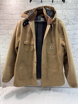 Vtg Carhartt Chore Coat Mens XL Barn Blanket Lined Hood Worn Distressed MI USA