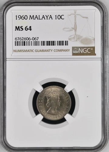 Mazuma *N1448 NGC Malaya Queen Elizabeth QEII 1960 10 Cents MS64