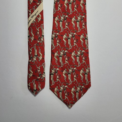 Salvatore Ferragamo Tie Men's Red Player Print Silk Necktie Handmade In Italy - Picture 3 of 6