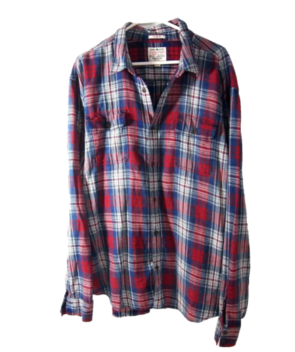 Lucky Brand Mens Shirt 2XL Soft Navy Blue Red White Plaid Long Sleeve Button