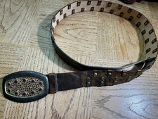 Streets Ahead Brown Leather Studded Belt Rhine Stone Large Italy Buckle