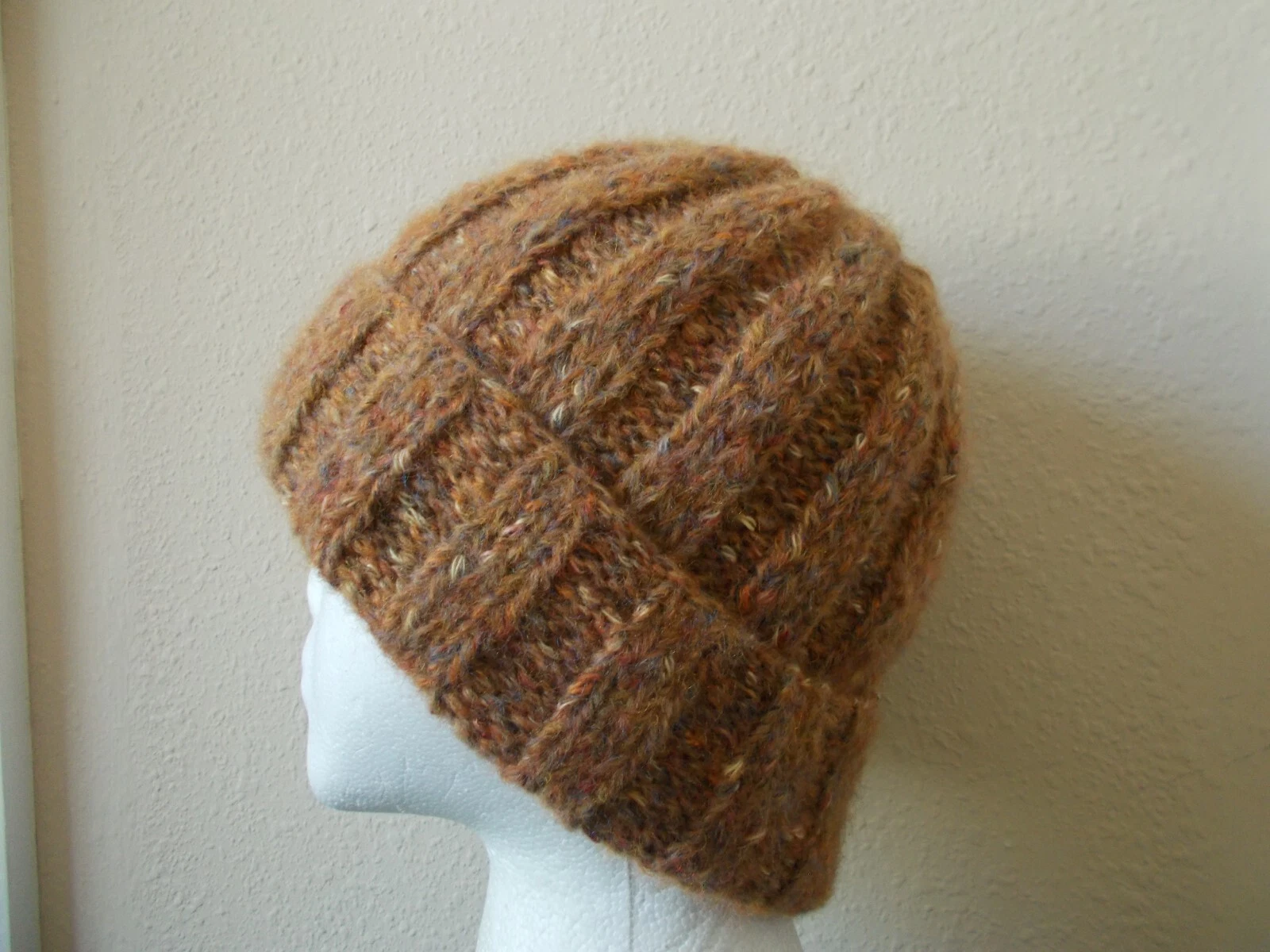 Hand knitted cozy & warm wool blend beanie/hat, cinnamon, men's or women's