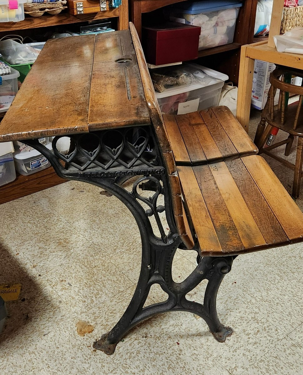 Cast Iron & Wood Double Seat School Desk Burlington SF Co. PICK UP