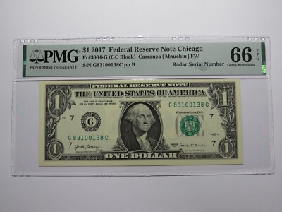 #ad $1 2017 Radar Serial Number Federal Reserve Currency Bank Note Bill PMG UNC66EPQ $85.49
