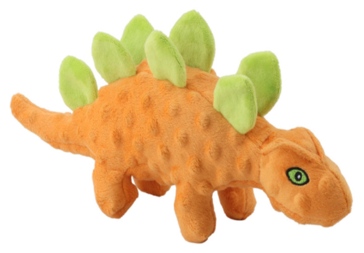 Dog Plush Toy, Crinkle and Squeaks, Orange Dinosaur, 13" Squeaky