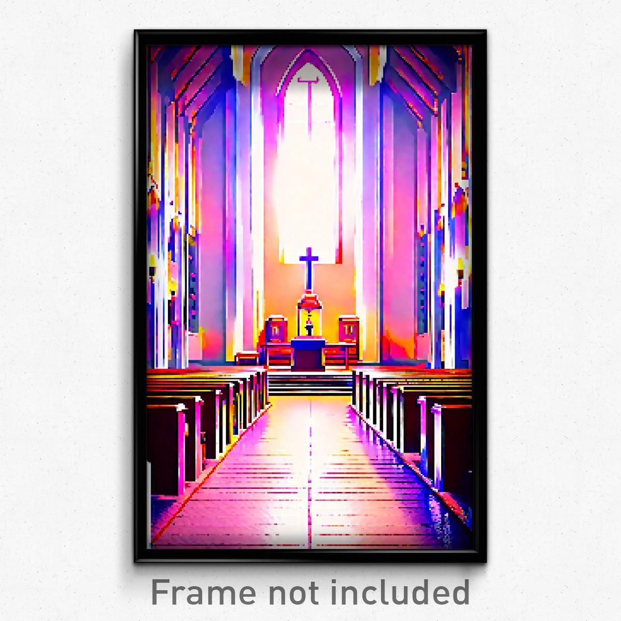 8-Bit Psychedelic Pixel Art Chapel Poster - Trippy Video Game Print