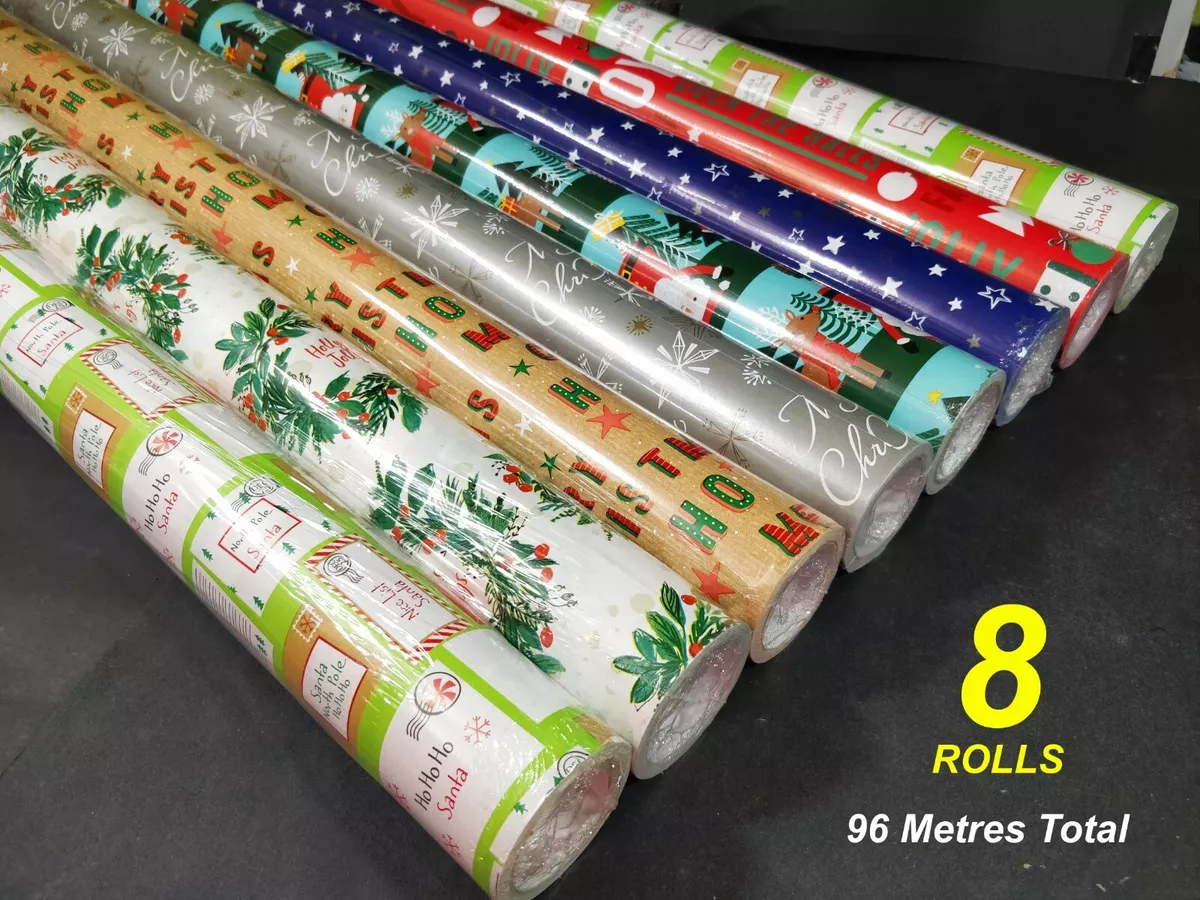 BULK 8 Rolls - 12 Metres x 70cm Christmas Gift Wrapping Paper - 96M Total