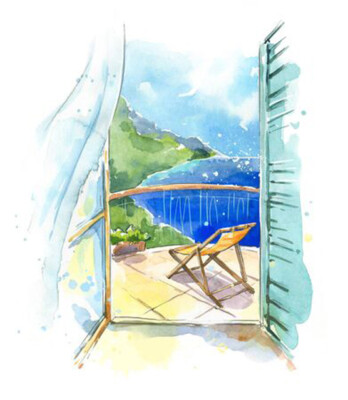 Wandbild: Meerblick vom Balkon am Meer, Aquarell (149748604)