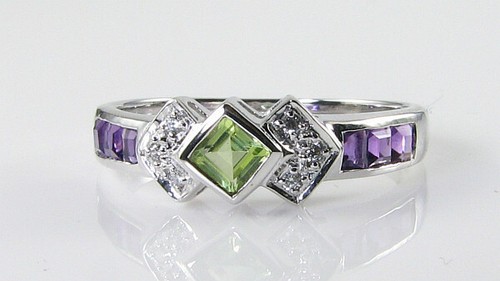 CUSTOM ORDER 9k WHITE GOLD PERIDOT AMETHYST DIAMOND ETERNITY RING Size M - Picture 3 of 5