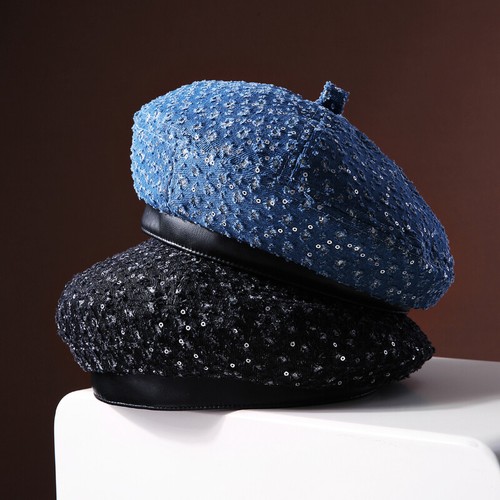 Lady Classic Sequin Denim Beret Hat PU Leather Brim Painter Brimless Cap Vintage - Picture 8 of 10