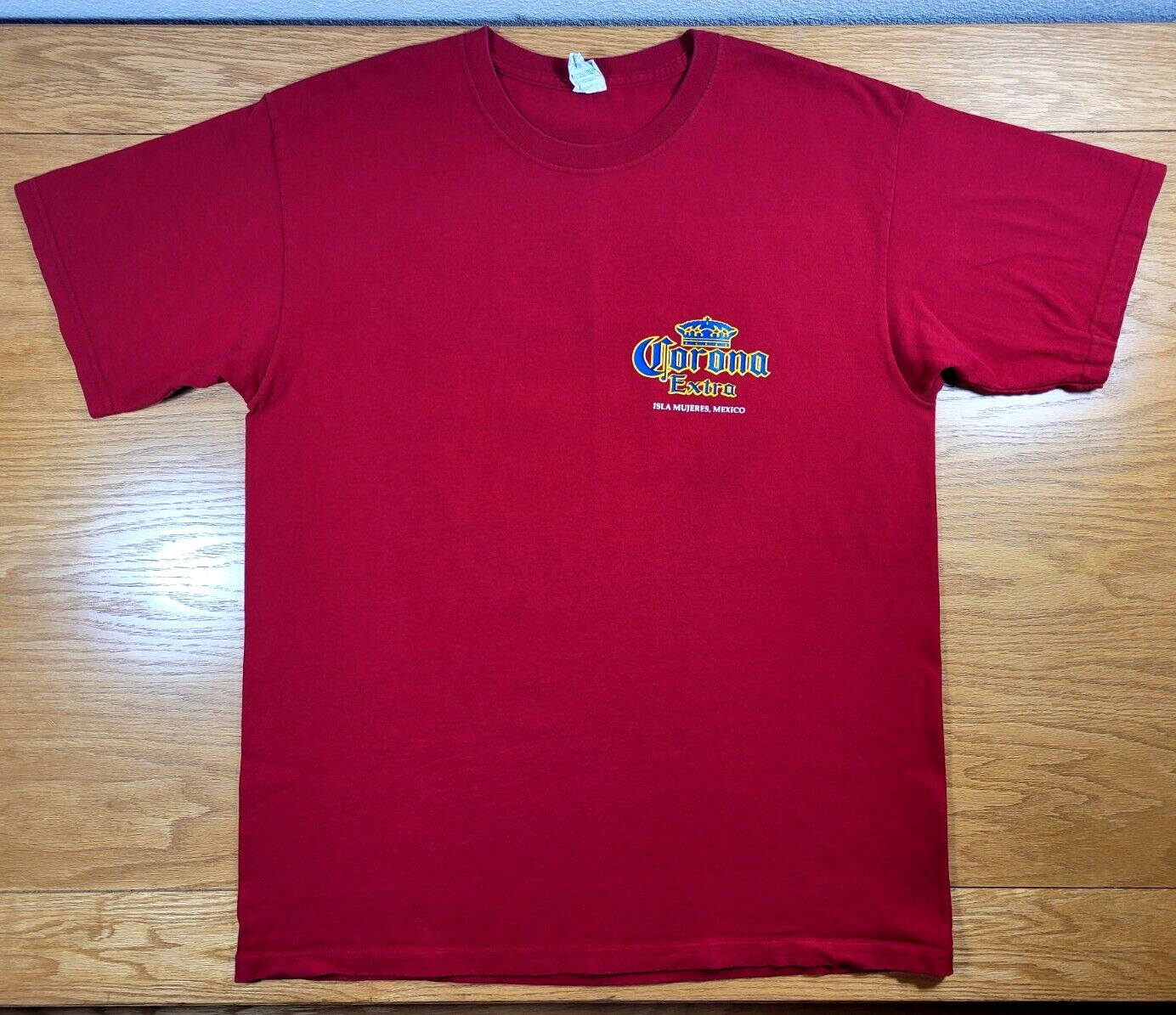 CORONA EXTRA Isla Mujeres, Mexico 2-Sided Beer Logo Red T-Shirt L Men's Large