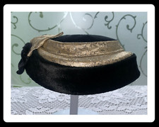 Pillbox Hat Black Velvet Formal With Elegant Gold Ribbon Bows c1950s Vintage