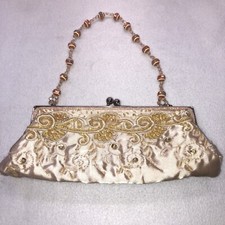 Chateau Satin Beaded and Embroidered Floral Evening Handbag Purse Clutch Vintage