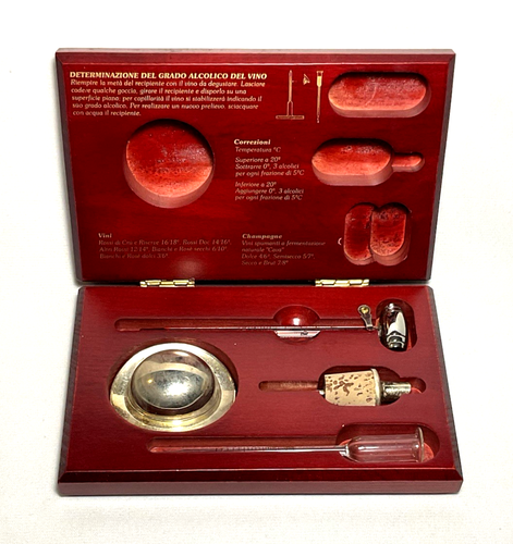 PINEIDER ~ WINE THERMOMETER + VIAL + DERBY STOPPER + POURER w/Wooden Box ~ Italy - Picture 1 of 7