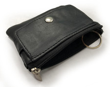 Black Genuine Leather Zip Coin Change Holder Purse Zip Key Ring U.S Seller