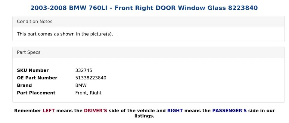 BMW 760LI 2003-2008 - cristal ventana puerta delantera derecha 8223840 Foto 3 de 4