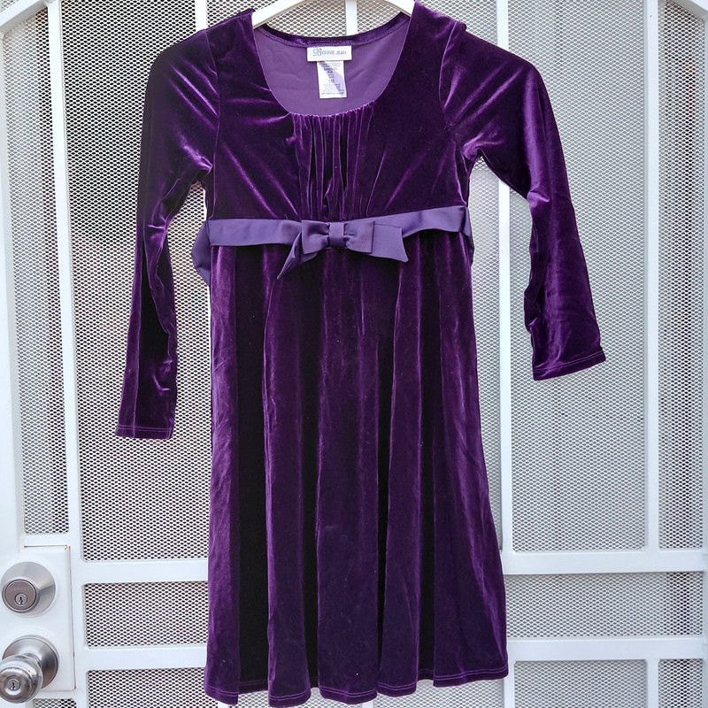 BONNIE JEAN PURPLE VELVET STRETCH RIBBON TIE BOW LONG  DRESS 10