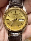 Vintage Seiko 5 Automatic Gold Dial Fluted Bezel 7S26-0500 Mens Watch - 36mm