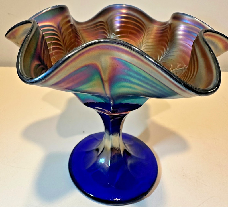 Antique Fenton Peacock Tail Cobalt Blue Carnival Glass Compote 5”x6 1/8” VG