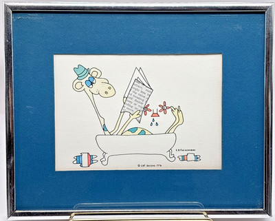 VTG 1976 Saf Design S.A. Fleischmann Print Giraffe in a Bathtub Matted/Framed