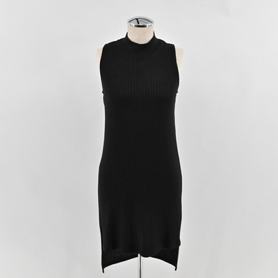 #ad AQUA Mock Neck Ribbed Knit Sheath Dress Womens Size S Black Sleeveless LBD 6766 $22.38