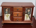 Vintage 1980's Wooden Jewelry Box 3 Drawer 2 Flower Glass Doors 2 Mirrors Rare