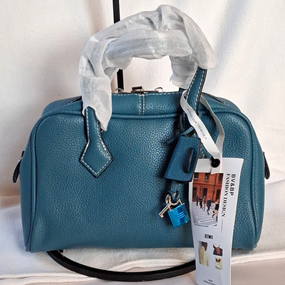 BV&BP Blue Small Pebbled Leather Satchel Top Handle Zip Detach Strap Silver HW