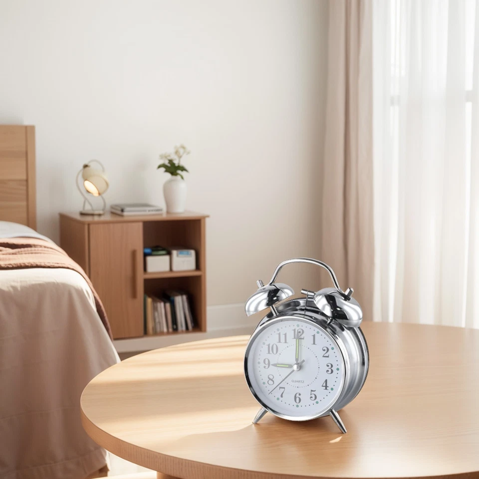 Reloj despertador 1 pieza cabecera tradicional/clásico sajón cuerda doble campana cromado nuevo Foto 3 de 4