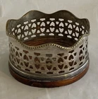 Vintage Pierced Silver Plated Wine Bottle Coaster with Turned Wooden Base