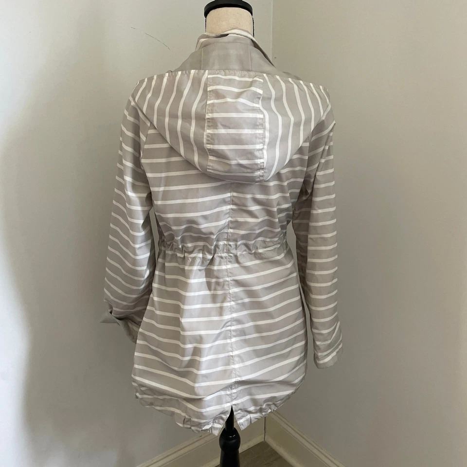Merona Striped Water Resistant Hooded Rain Jacket Small Beige White Clean Girl - Image 4 of 4