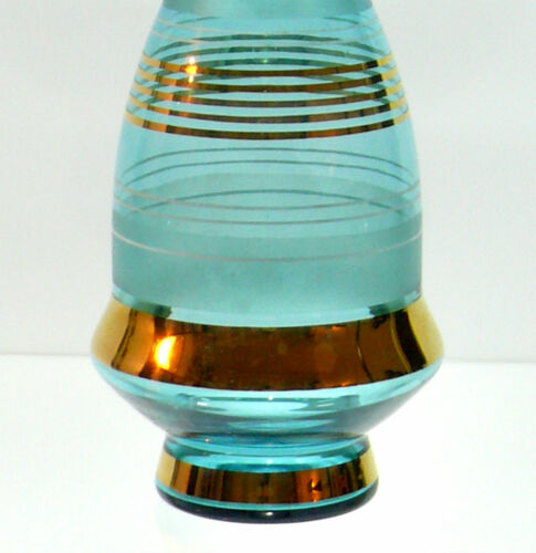 DECANTADOR DE VIDRIO AZUL AGUA DE COLECCIÓN DISEÑO DORADO BOHEMIO - Imagen 2 de 5