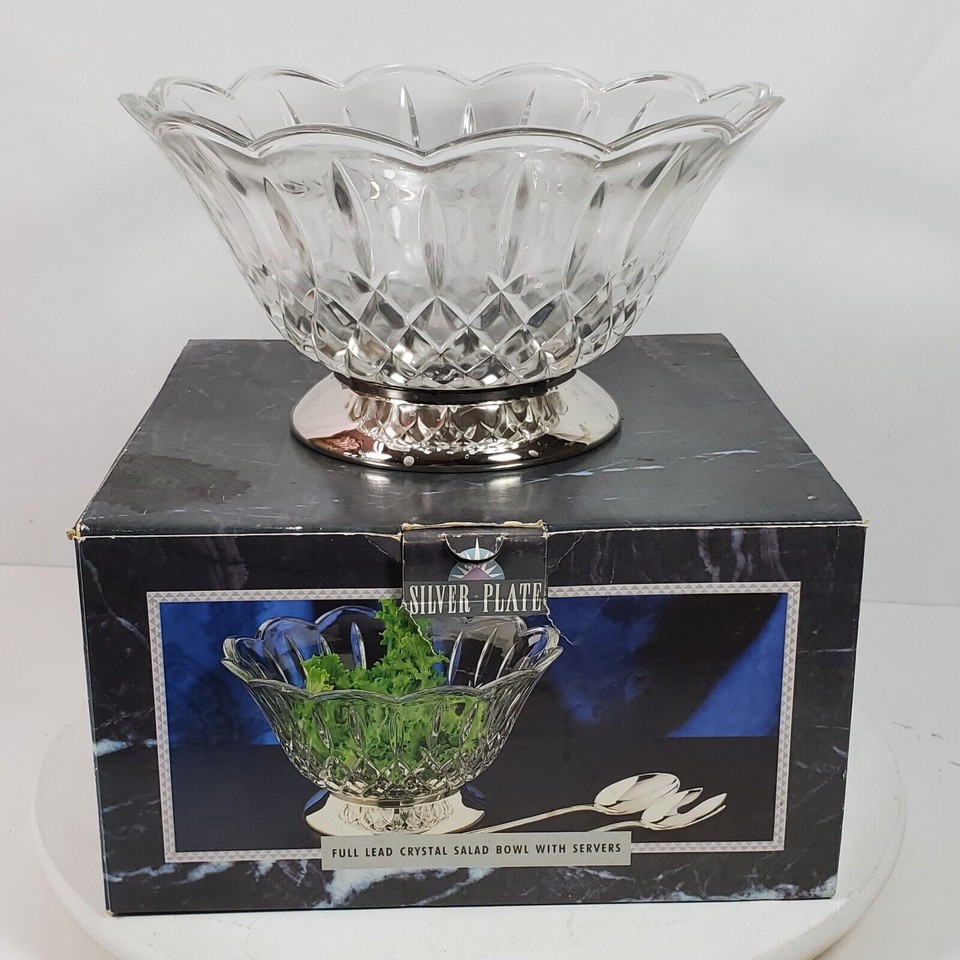 Vintage Full Lead Crystal Salad Bowl Silver Plate Mervyns West Germany
