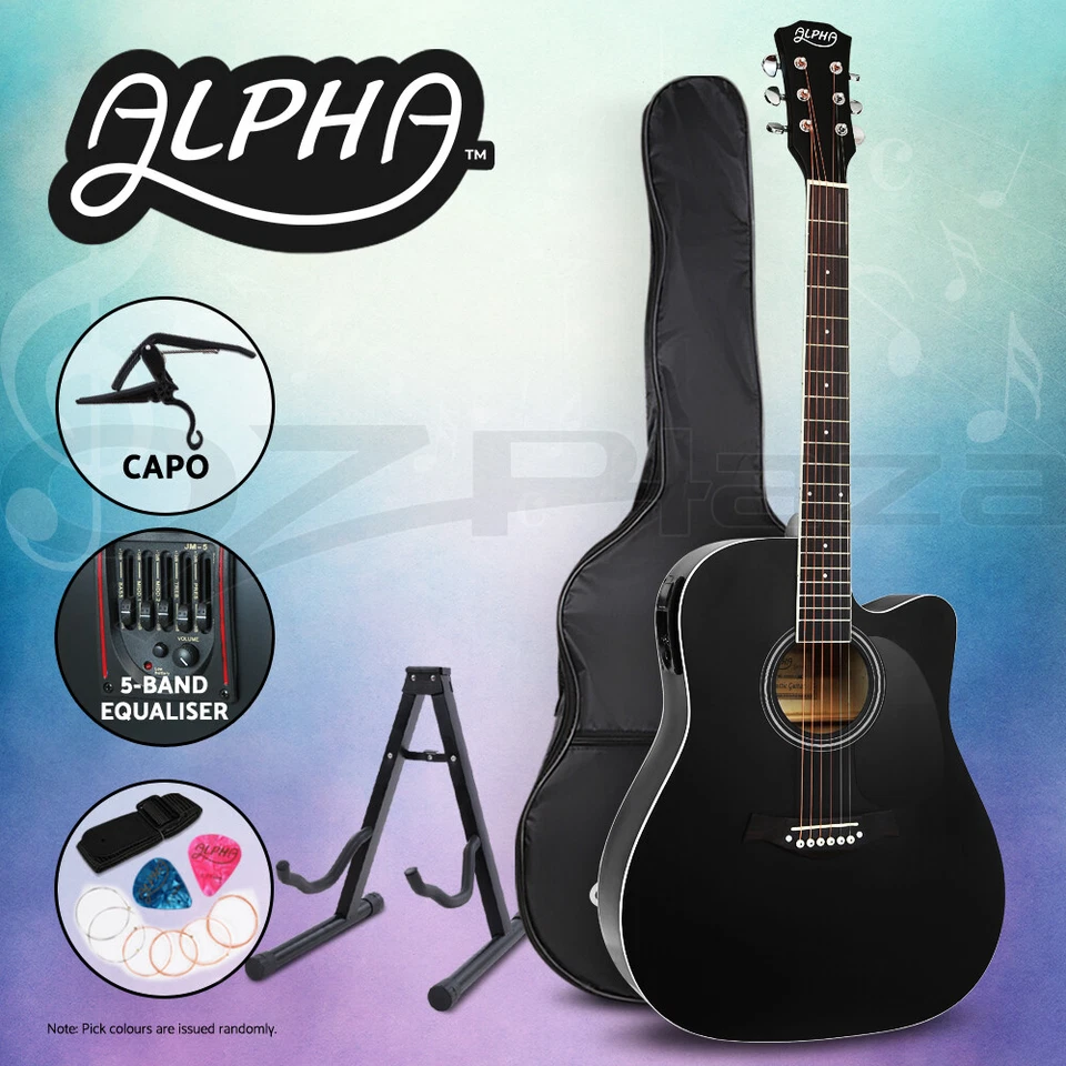 Alpha 41” Inch Electric Acoustic Guitar Wooden Classical Full Size EQ Capo Black