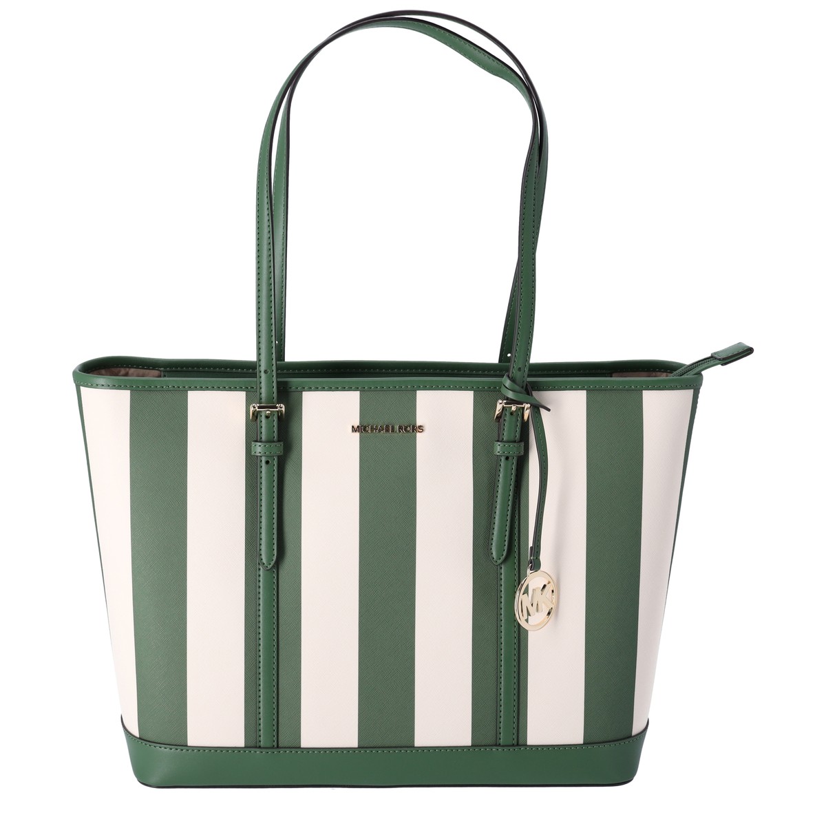 【国内発送】JET SET TRAVEL ストライプ トップジップ トート Michael Kors Jet Set Travel Large Top Zip Tote Fern Green