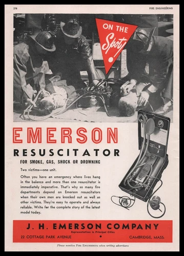1947 J. H. Emerson Co. Smoke Gas Shock Drowning Photo Resuscitator Unit Print Ad