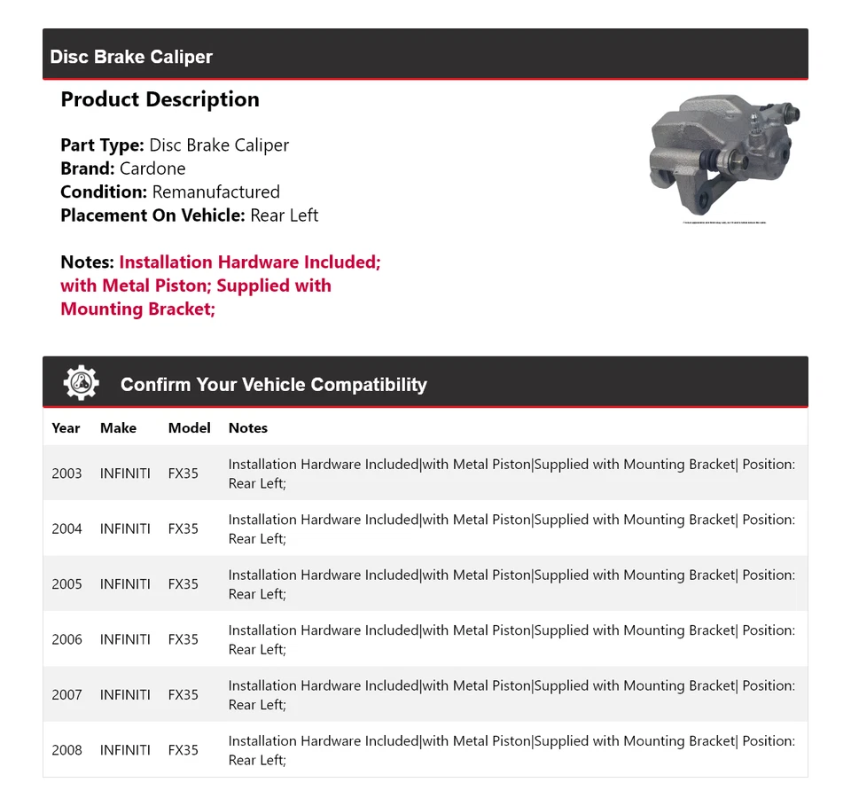 Pinza de freno de disco trasera izquierda Cardone 2004 2005 2006 para Infiniti FX35 2003-2008 Foto 2 de 4