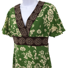 Phoebe Couture Womens Floral Dress Size 6 Green Silk Empire Waist Border Trim