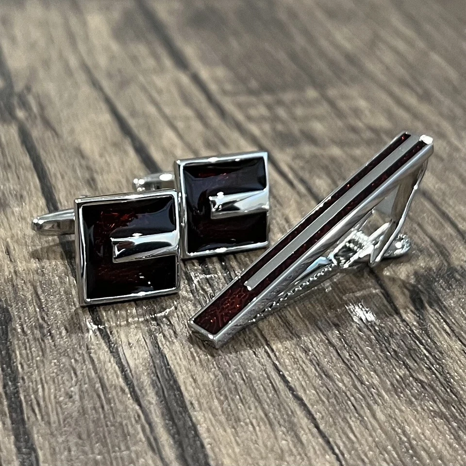 Burgundy Cufflinks And Tie Clip Set Men Birthday Wedding Gift Tie Bar With Box - Image 4 of 4