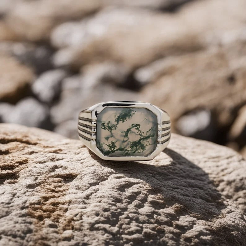 Natural Moss Agate Men's Ring Solid 925 Sterling Silver Ring Boho Ring
Opens in a new window or tab