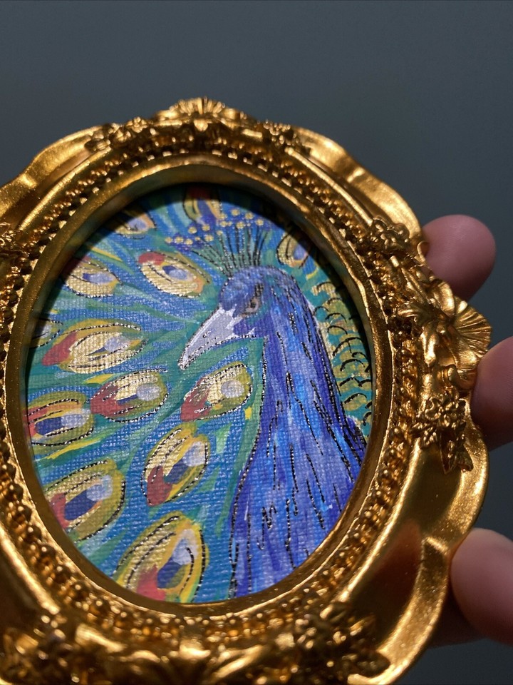 Peacock,Original Painting On Paper,4/5,framed,gold,miniature,small,mini