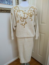 Vintage 80s SEQUIN Bead Ivory 2 pc. Knit Skirt Suit with Gold Tone Lurex SzS EUC