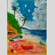 ACEO Miniature Art Sri Lanka Hand Drawing Acrylic Paint Landscape Sea Tree NEW