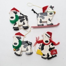 VTG Avon Holly Jolly Cow Wood Christmas Ornaments Lot 4 Santa Hat Scarf Ski Shop