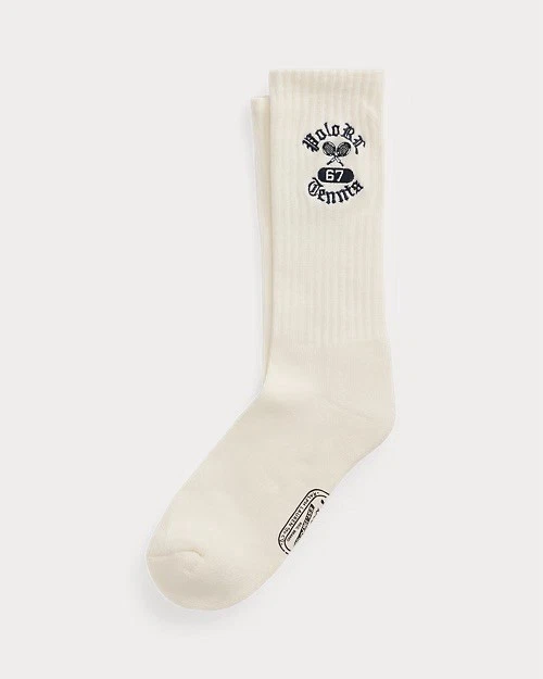 Polo Ralph Lauren RL Tennis Embroidered White Cotton-Blend Crew Socks One Size