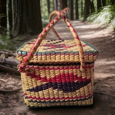 Mexican Square Basket w/ Handles and Lid, Col...