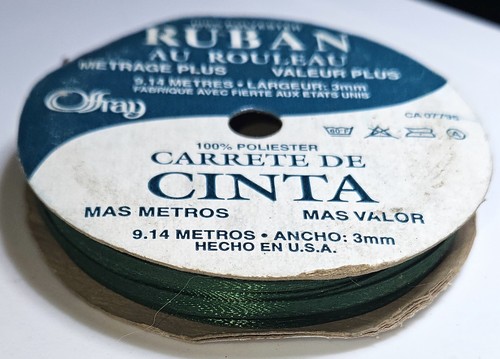Vintage Offray Emerald Green Satin Ribbon Spool 1/8" 10 Yds USA Made NOS