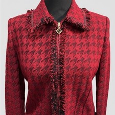 St John Collection Red Black Houndstooth Zip Jacket Blazer Holiday Elegant 4