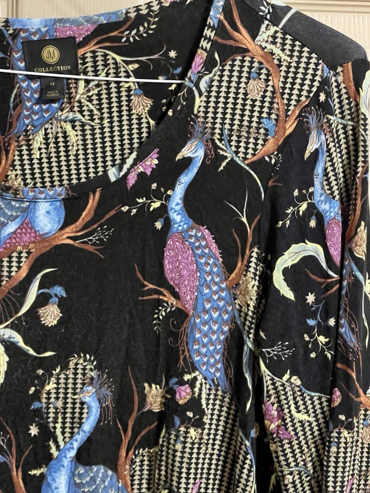 JM Collection Deep Black Flamingo  Stretchy Top 3/4 Sleeve    Plus Size 1X - Image 2 of 4