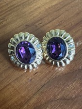 VINTAGE Christian Dior Gold Tone W/Purple Rhinestones Designer Earrings Pierced