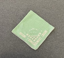 Vintage Green Handkerchief With Hand Drawn Lace Hemstitch Embroidered Flowers